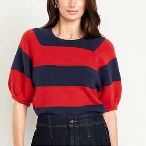 Old Navy SoSoft Cropped Puff-Sleeve Sweater in Navy/Red Stripes